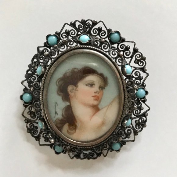 Antique Brooch Pendant Jewelry - Signed Portrait 800 Sterling Brooch & Pendant